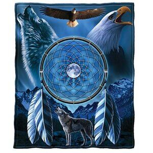 Dream Catcher with Wolf and Bald Eagle, Blue Fleece Throw Blanket 50 X 60 NWT‍‍﻿